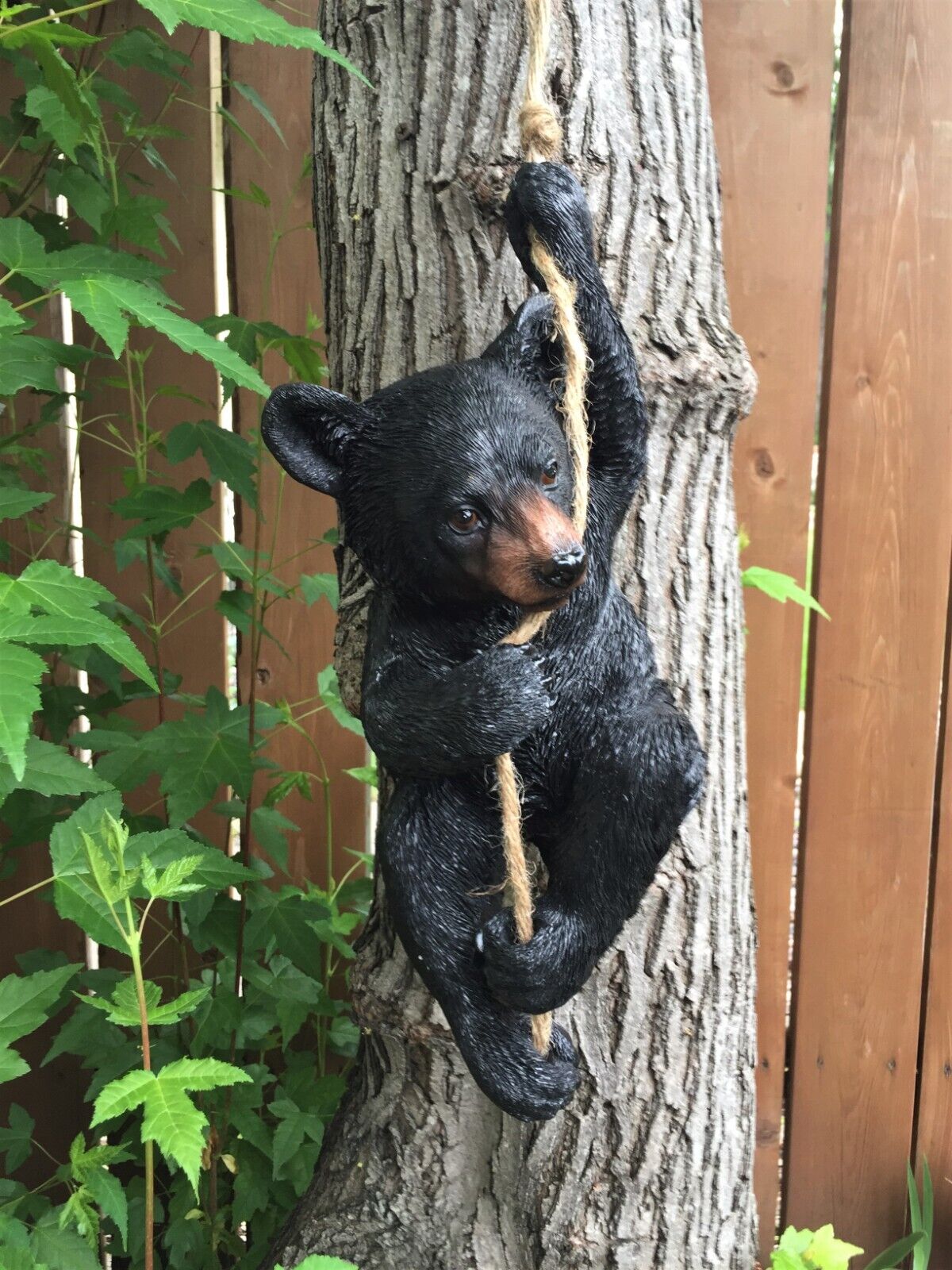 Black Bear Cub Climbing Tree on A Rope Figurine/ Cottage Cabin Ornament/ Bears