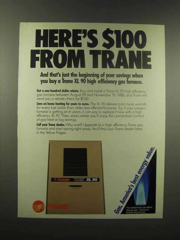 1988 Trane XL 90 High Efficiency Gas Furnace Ad
