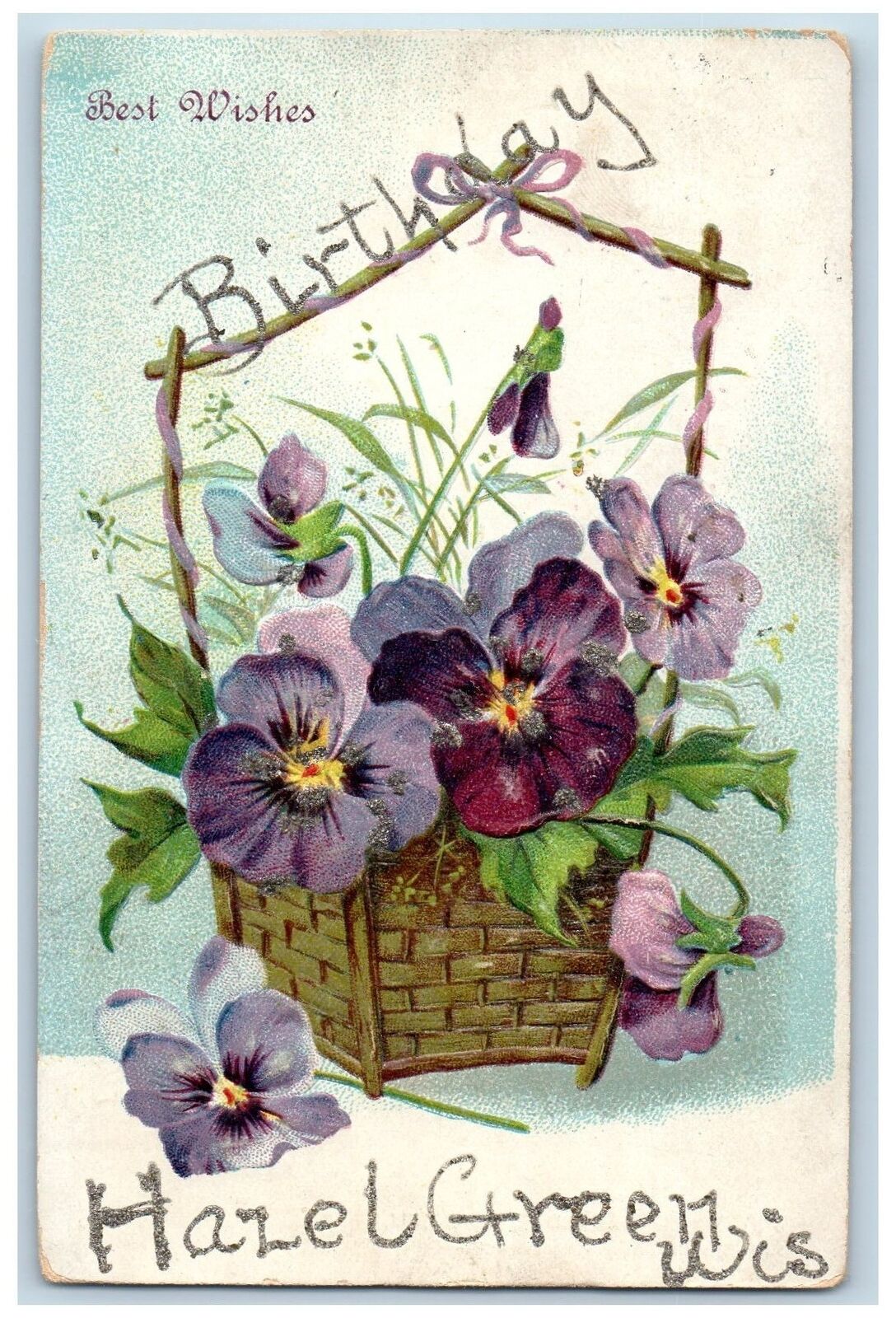 Hazel Green Wisconsin WI Postcard Best Wishes Birthday Greetings Embossed 1908