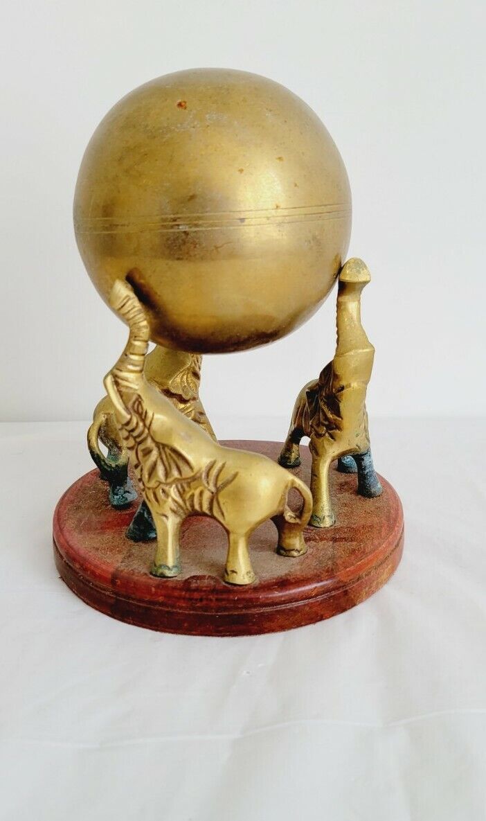 Vintage Brass 3 Elephants Divination Figurine Stand and Removable Brass Ball 