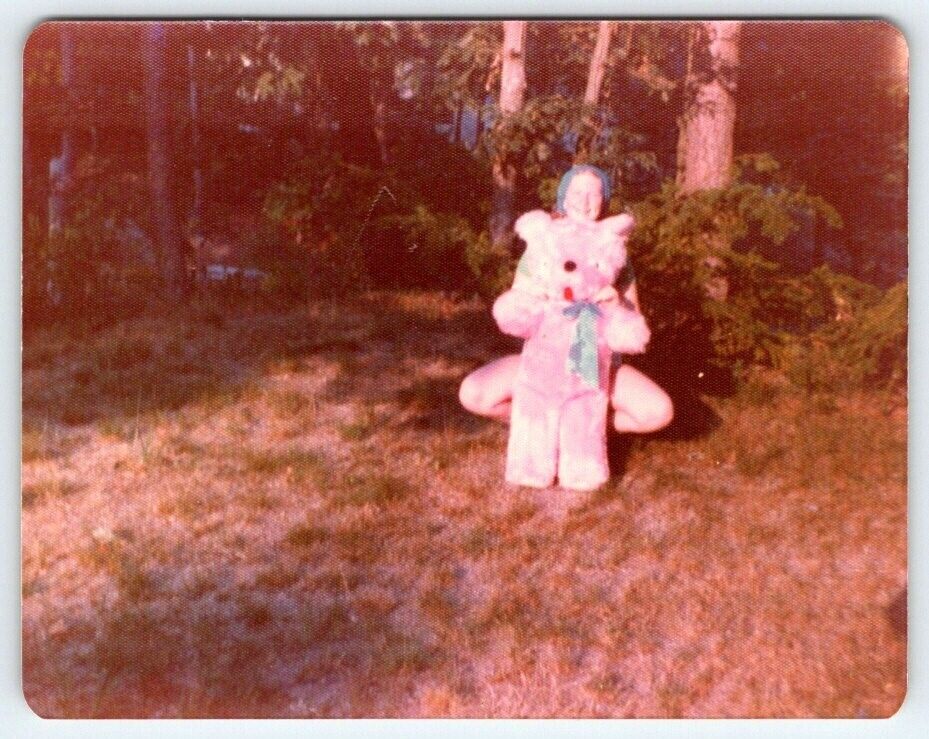 Vintage Photo Girl Holding Big Pink Teddy Bear 1970\'s Found Art DST7 b