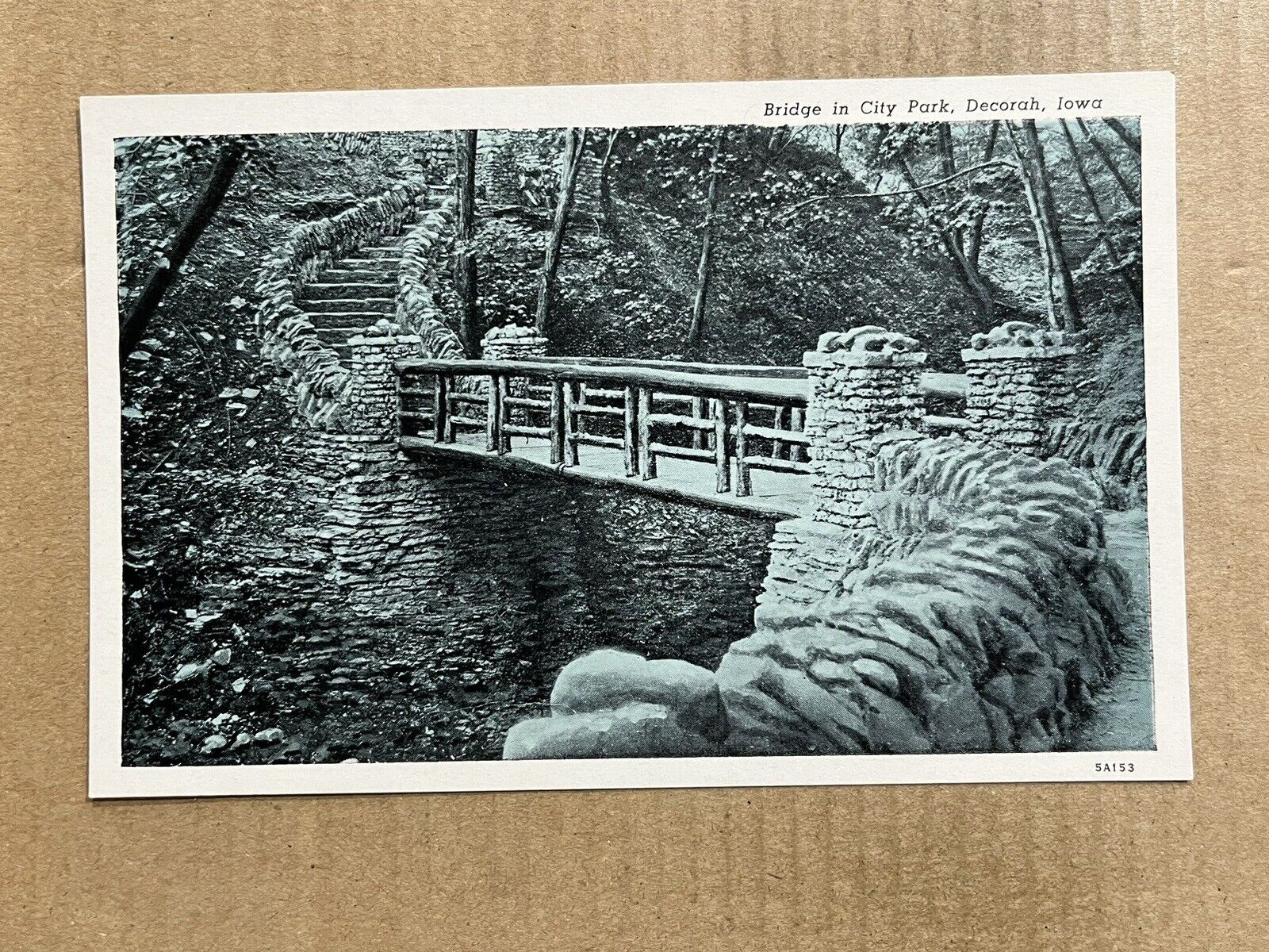 Postcard Decorah IA Iowa City Park Bridge Stone Stairs Vintage PC