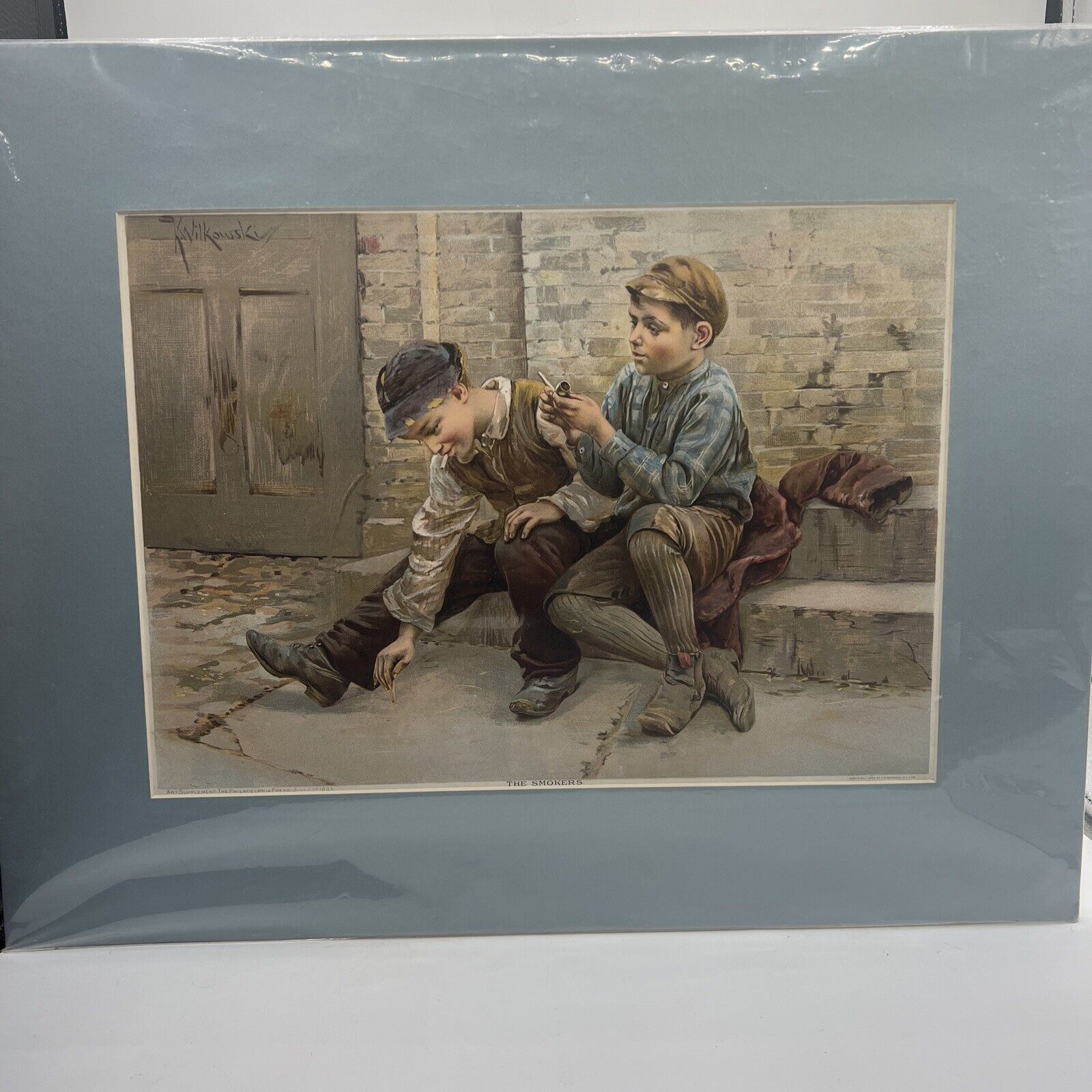 ANTIQUE EARLY Vintage Karl Witkowski The Smokers Matted Print Boys Smoking Pipe