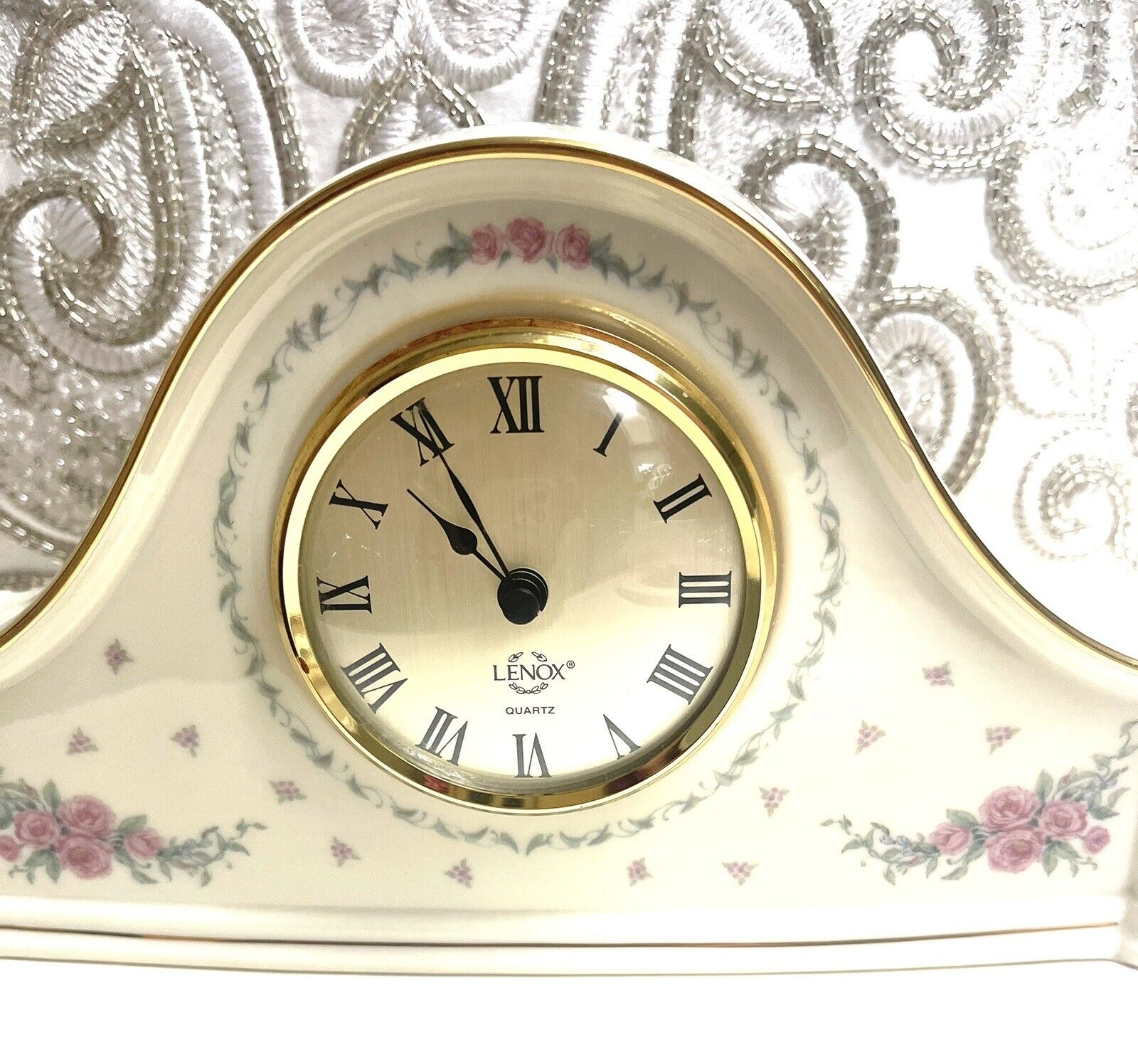 Lenox Roses Porcelain Mantel Clock Quartz 9 Inch Vintage Rose Floral Clock