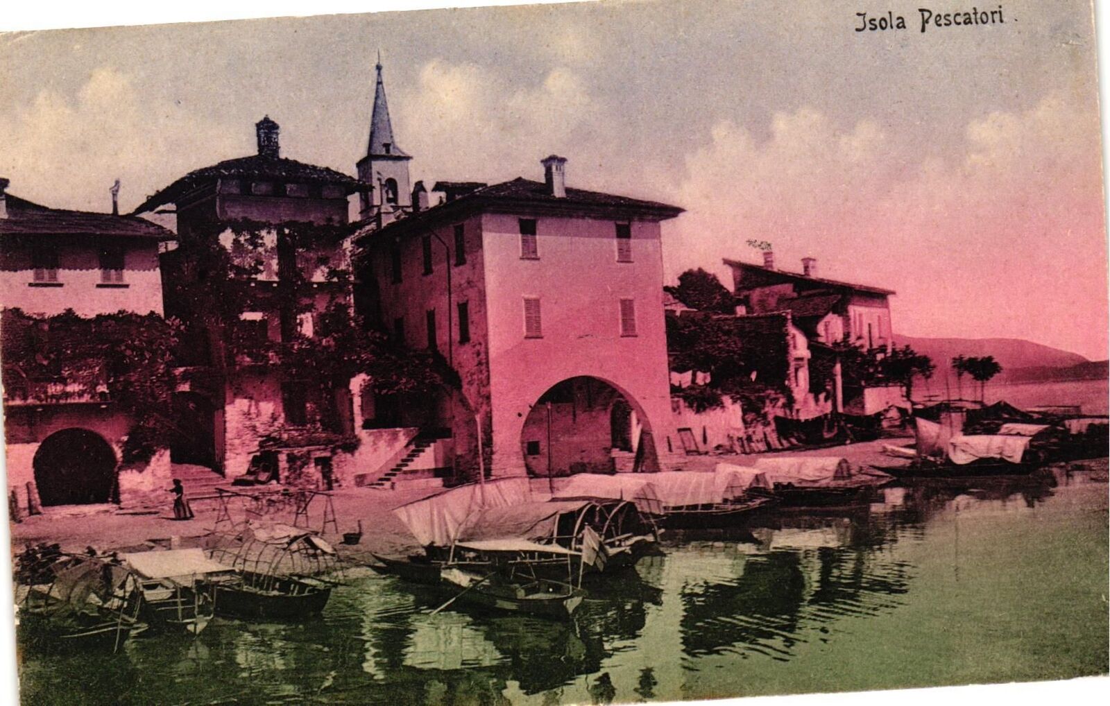 Vintage Postcard- Covered boats on a shore with buildings.