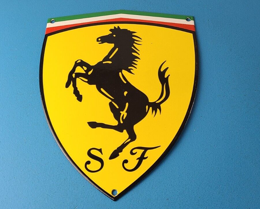 Vintage Ferrari Sign - F1 Racing Shield Sign - Porcelain Auto Gas Pump Sign