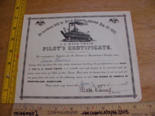 Disneyland 1957 SS Mark Twain Pilot's Certificate VINTAGE Rivers of America