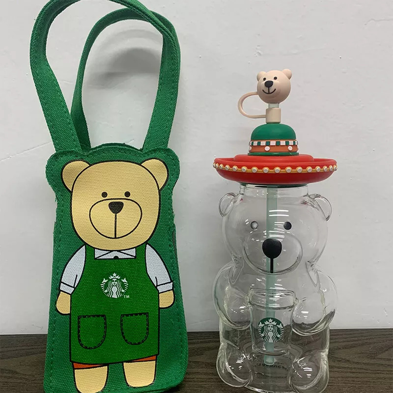 Starbucks Cute Lami Bear Glass Coffee Cup With Bear Straw Topper Green Carry Bag