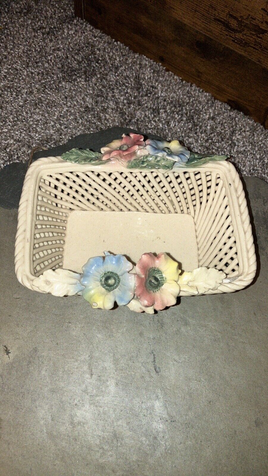 Vintage Cream Porcelain Woven Basket with Floral Trim Made In Italy 6.5” X 3.5”