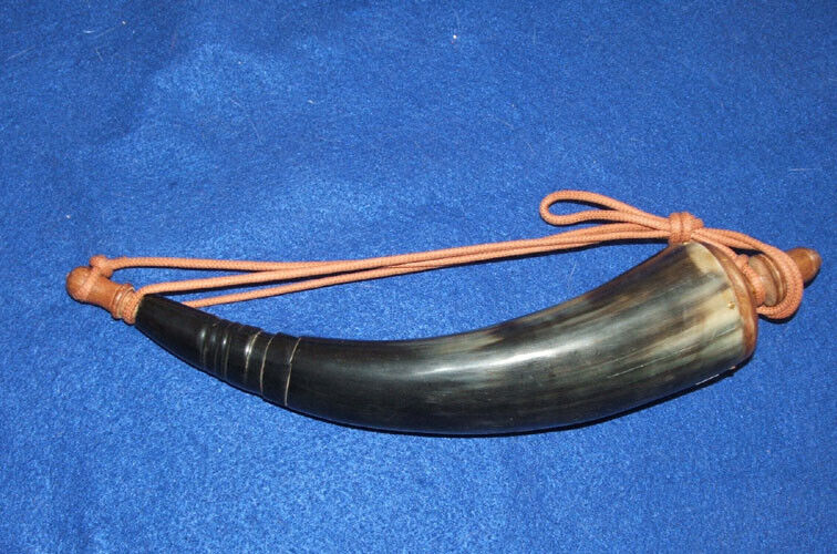 Large 1 ft Powder Horn with wooden end caps & carrying cord New Black 02