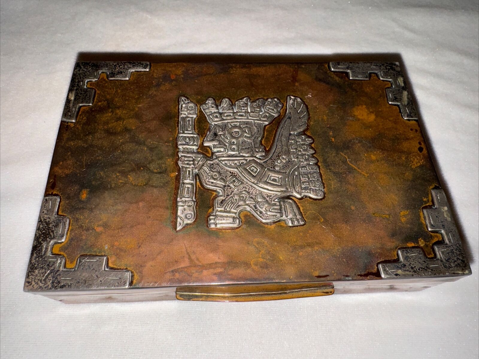Vintage Vichy Cigar Box Hammered Copper Silver 925 Made in Peru Mayan Inca Aztec