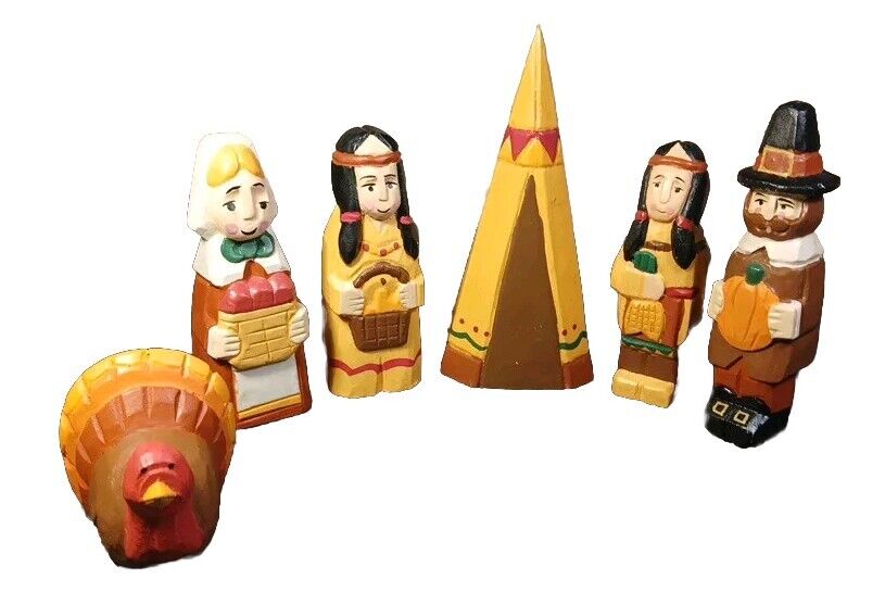Vintage 1970s Hand Carved Hand Painted Indian Man Woman Teepee & 2 Pilgrims /...
