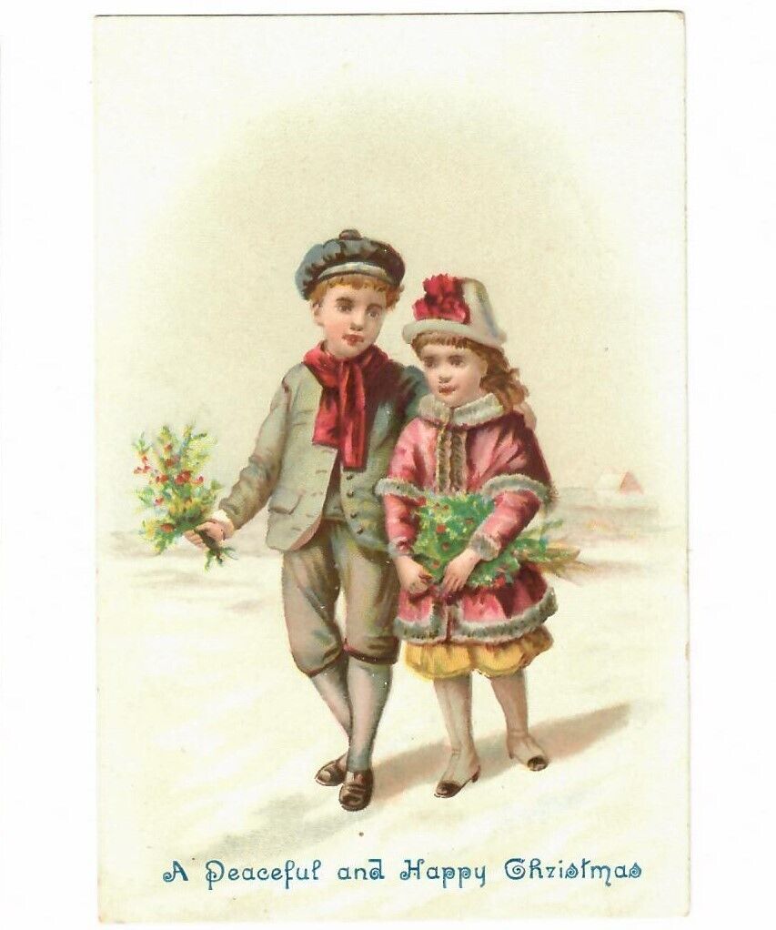 Christmas 1890\'s Victorian Trade Card Boy Girl Walking Greenery Hat Greeting