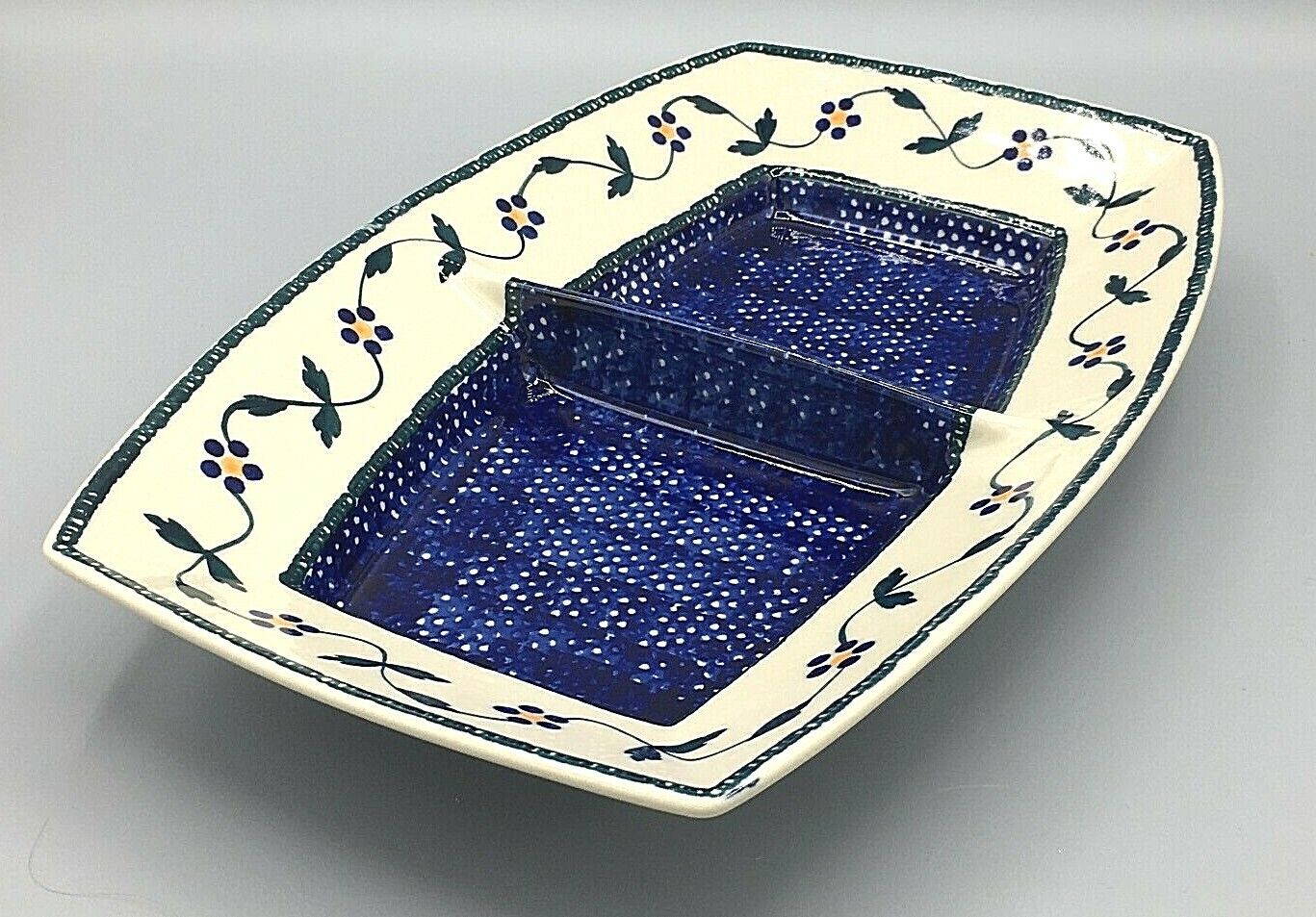 Vintage Boleslawiec Poland Ceramic Rectangular Divided Serving Dish Hand Painted