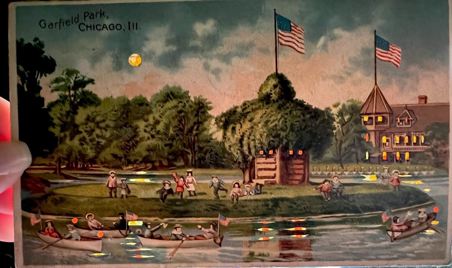 1914 HOLD to LIGHT antique POSTCARD Chicago Illinois GARFIELD PARK American Flag