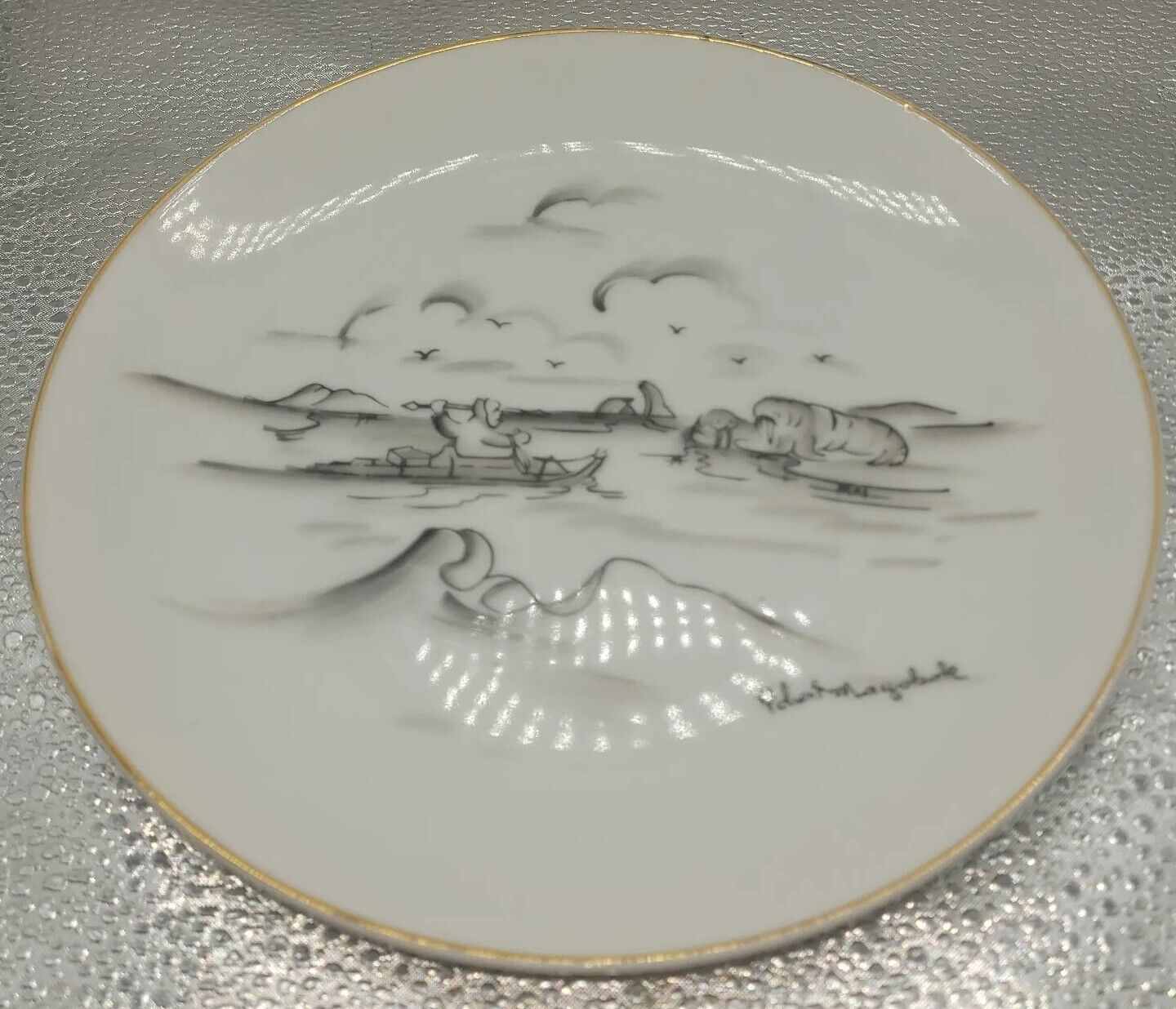 Vintage Alaskan Inuit Artist Robert Mayakok Signed 10” Porcelain Plate Walrus
