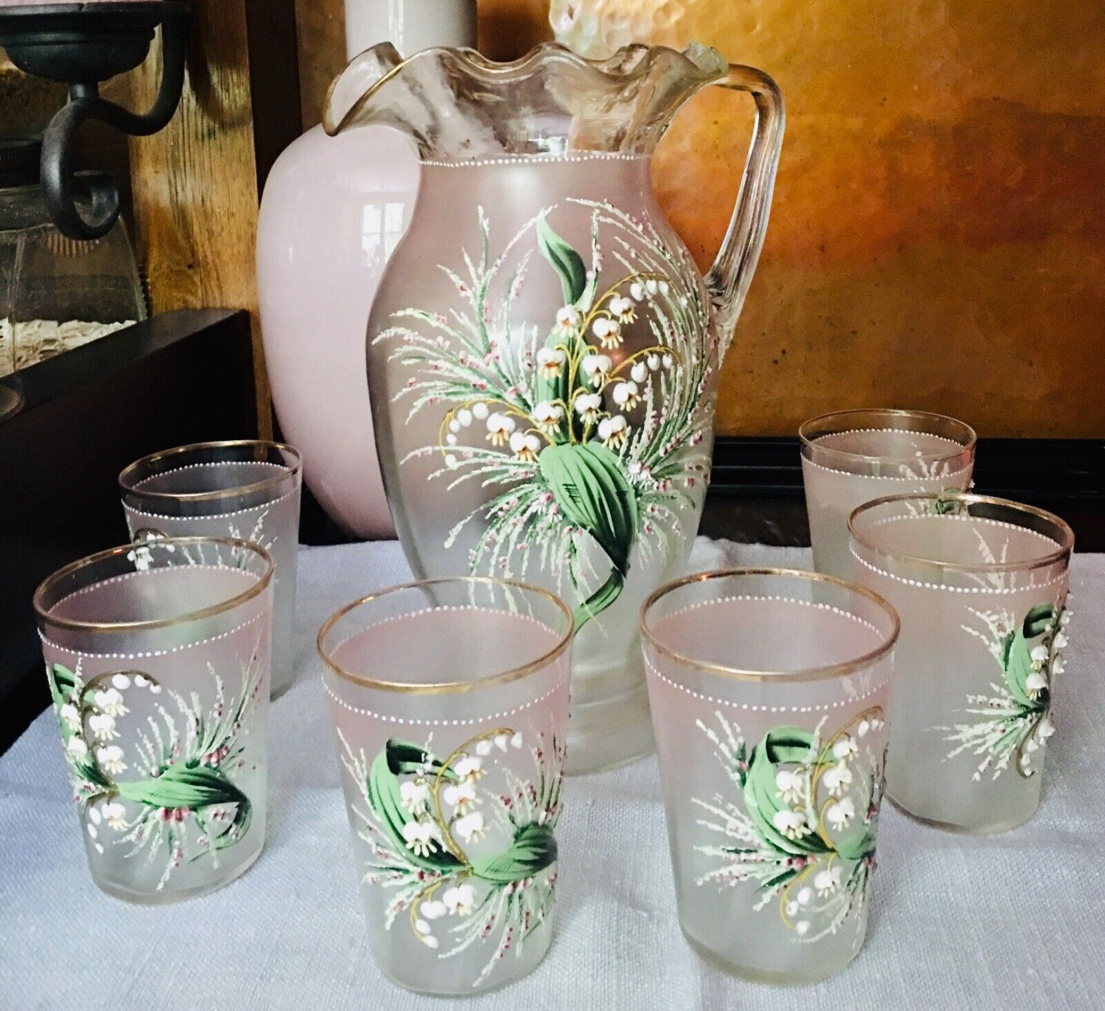 ANTIQUE VICTORIAN ART GLASS WATER/LEMONADE SET HAND ENAMELED LILY OF THE VALLEY
