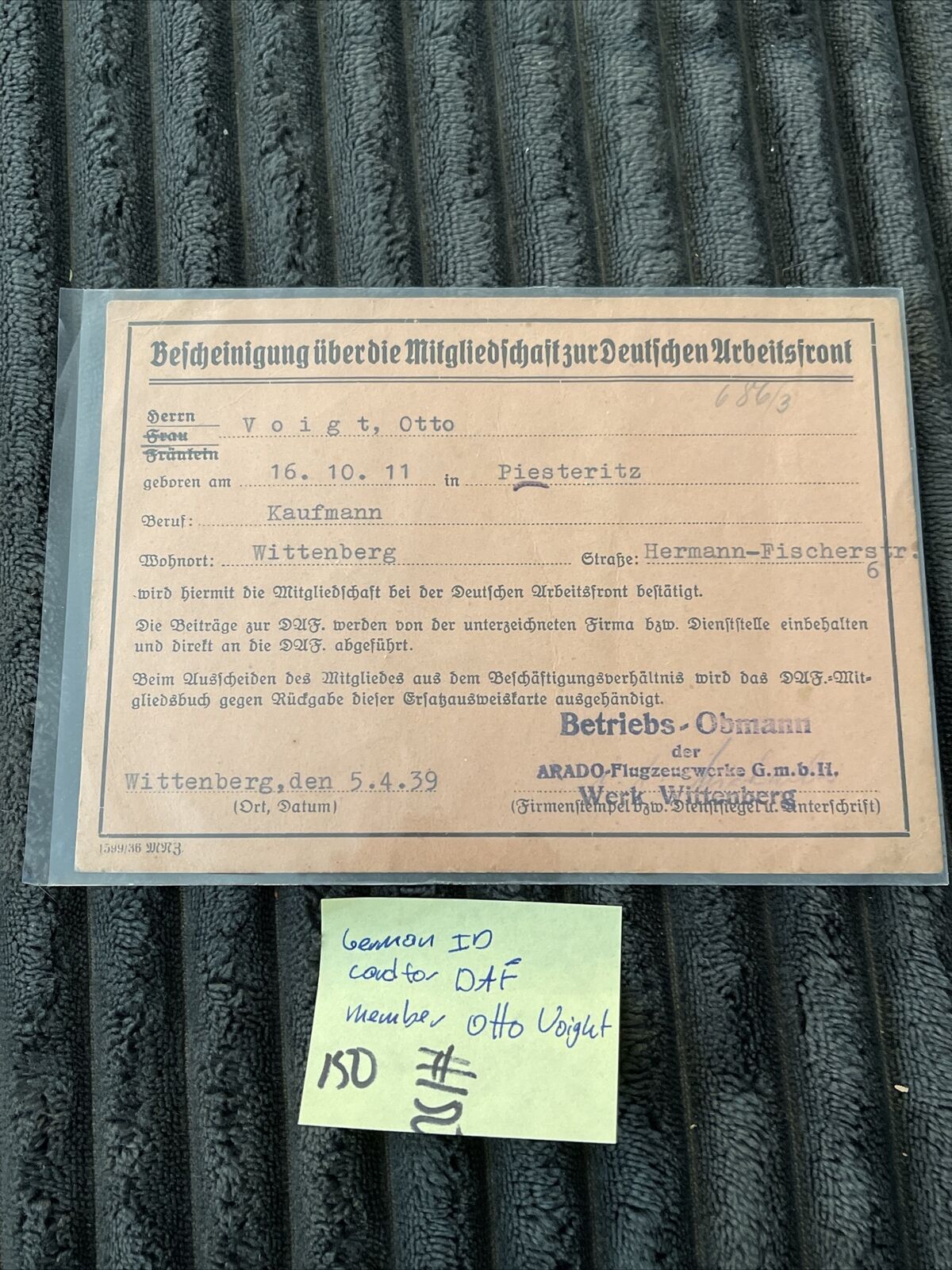 WWII 1939 German ID Identification card For DAF Member Otto Voigt