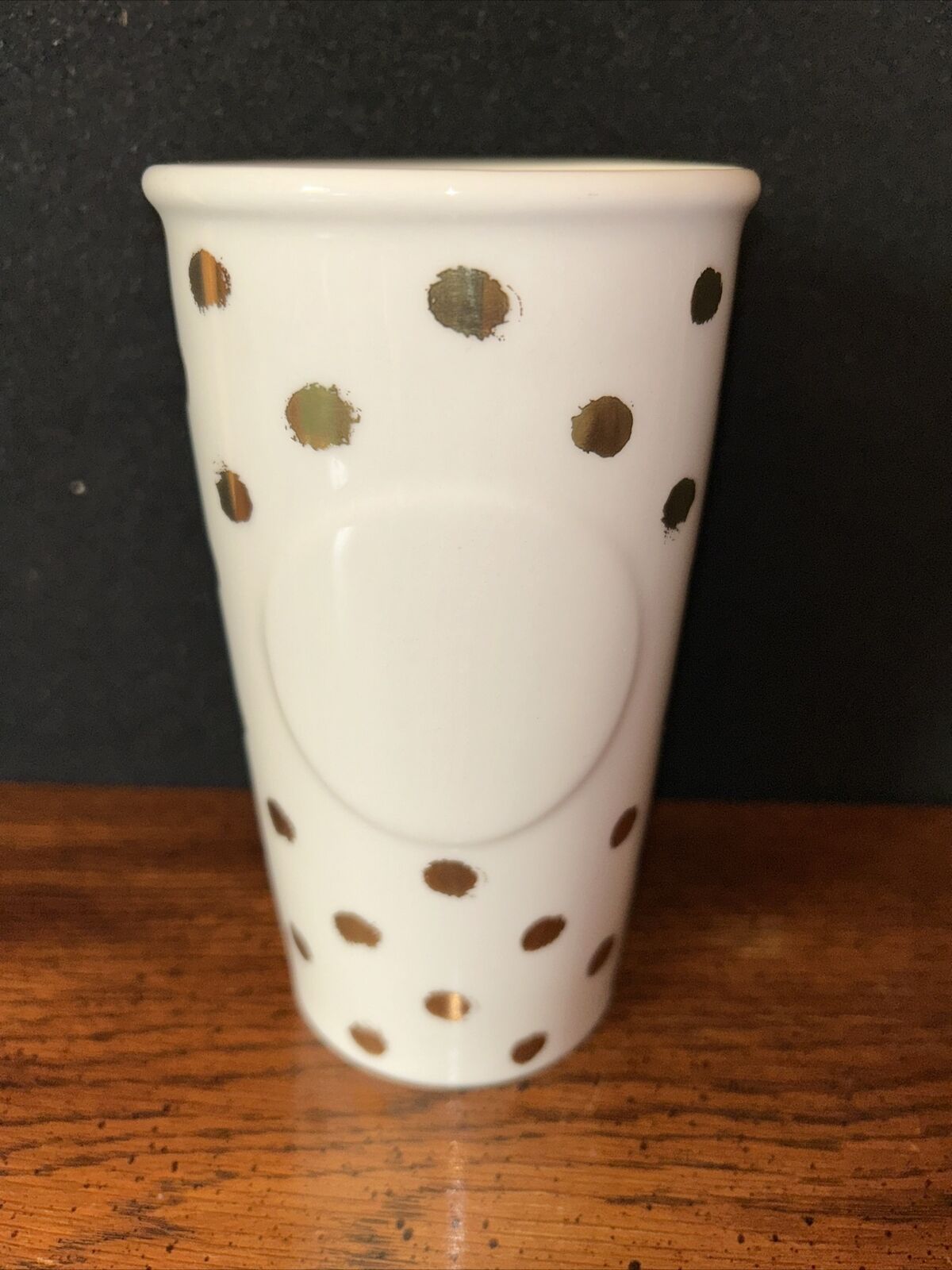 2014 Starbucks 10 Oz Travel Coffee Tumbler Ceramic White w Gold Dots