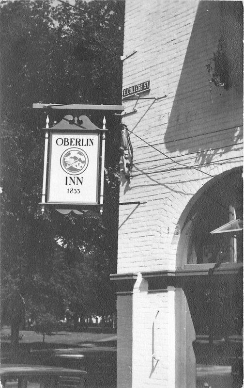 College street sign Oberlin Inn 1948  Postcard Ohio roadside 21-37