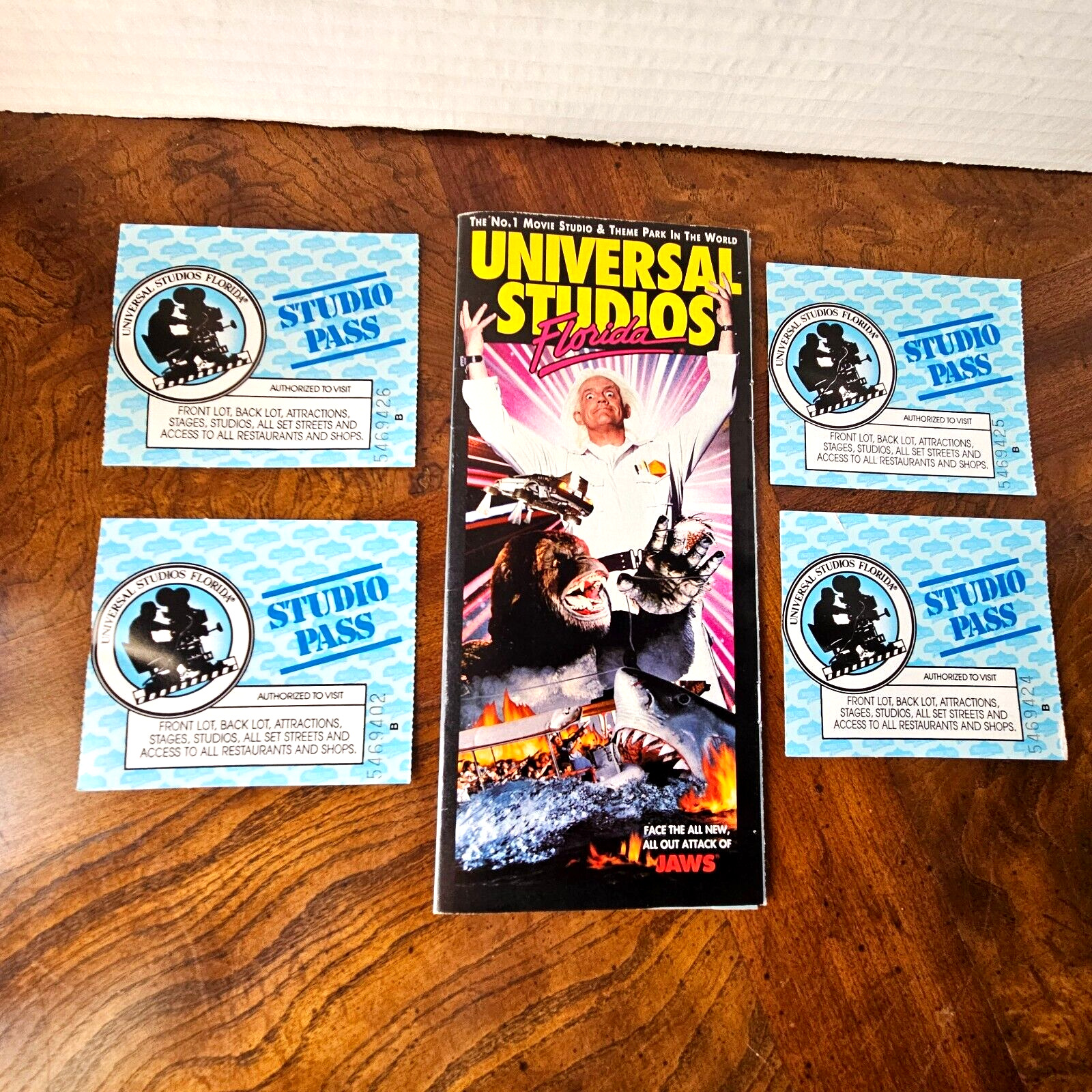 Four Vintage 1995 Universal Studios Florida Used Passes and one Vintage Brochure