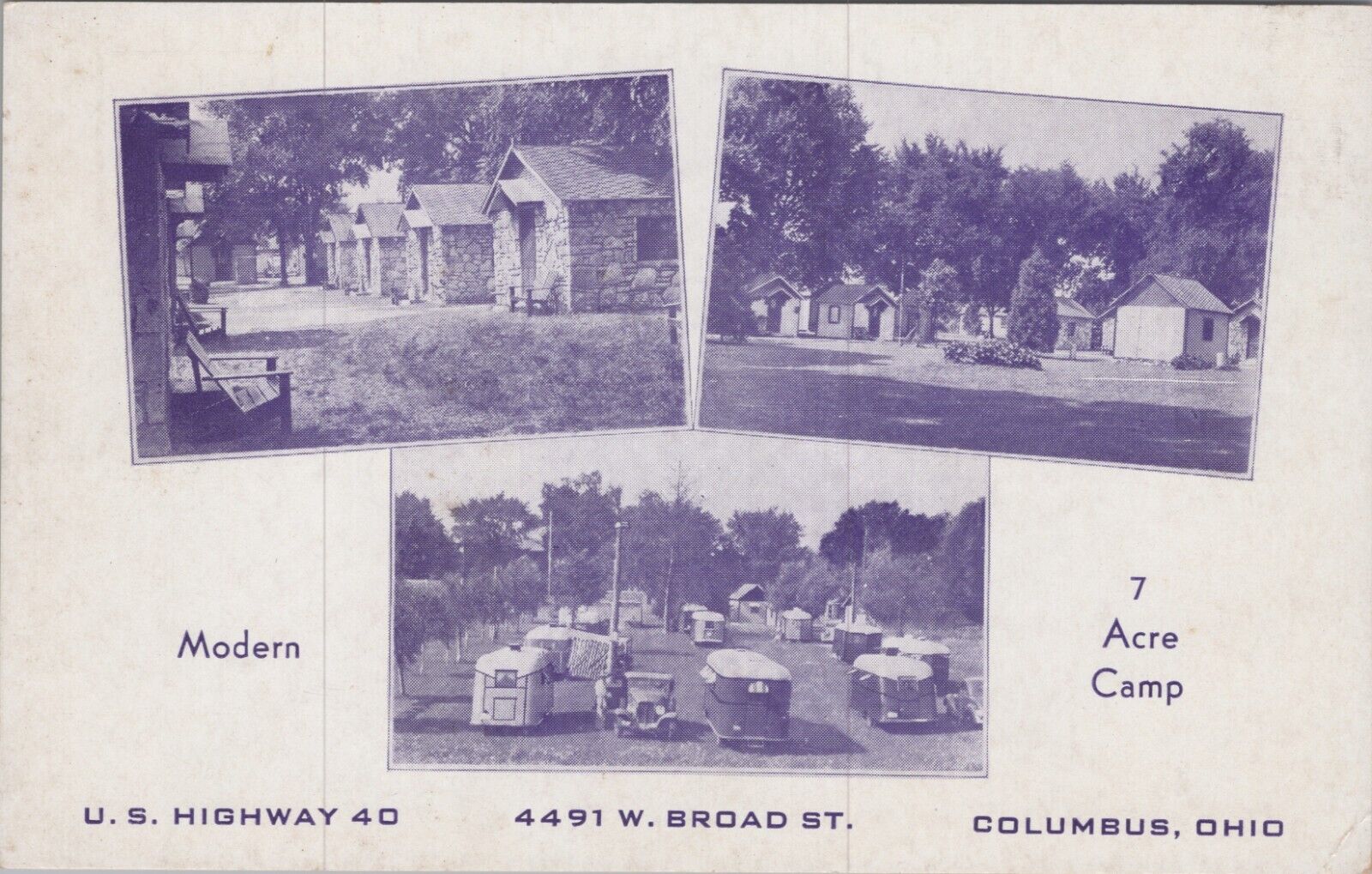 7 Acre Camp Rt 40 Columbus Ohio Postcard UNP 1940s Cars Trailer 7728b