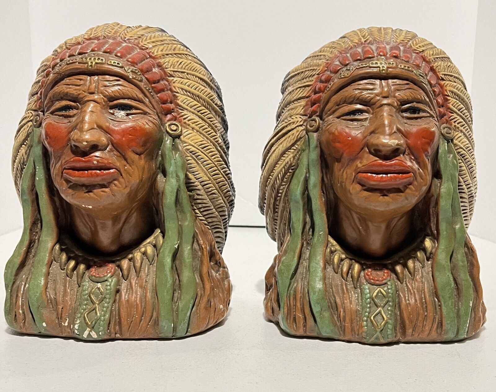 Indian Chief Chalkware Bookends 1973 Progressive Art Products Busts Statues