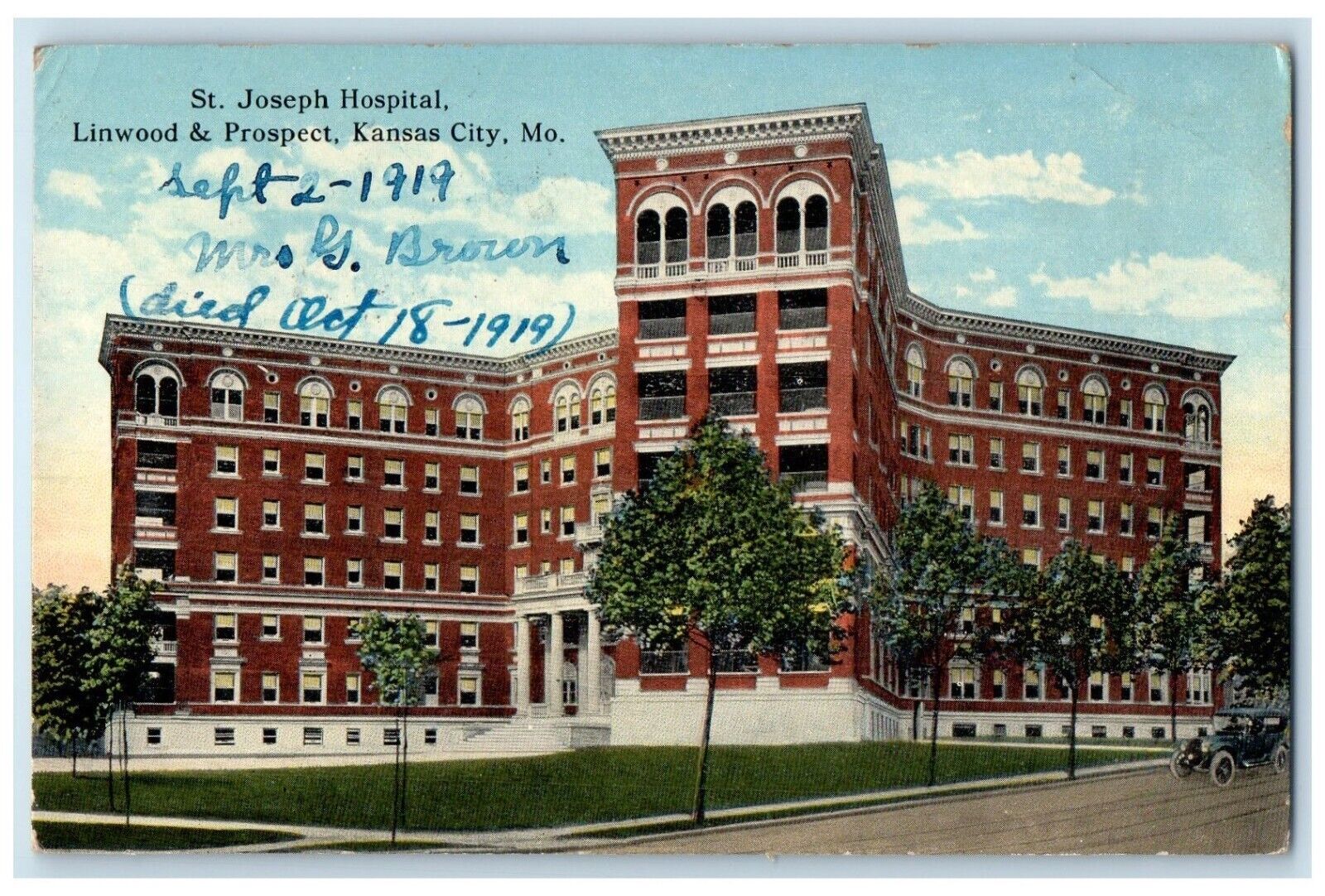 1919 St. Joseph Hospital Linwood Prospect Exterior Kansas City Missouri Postcard