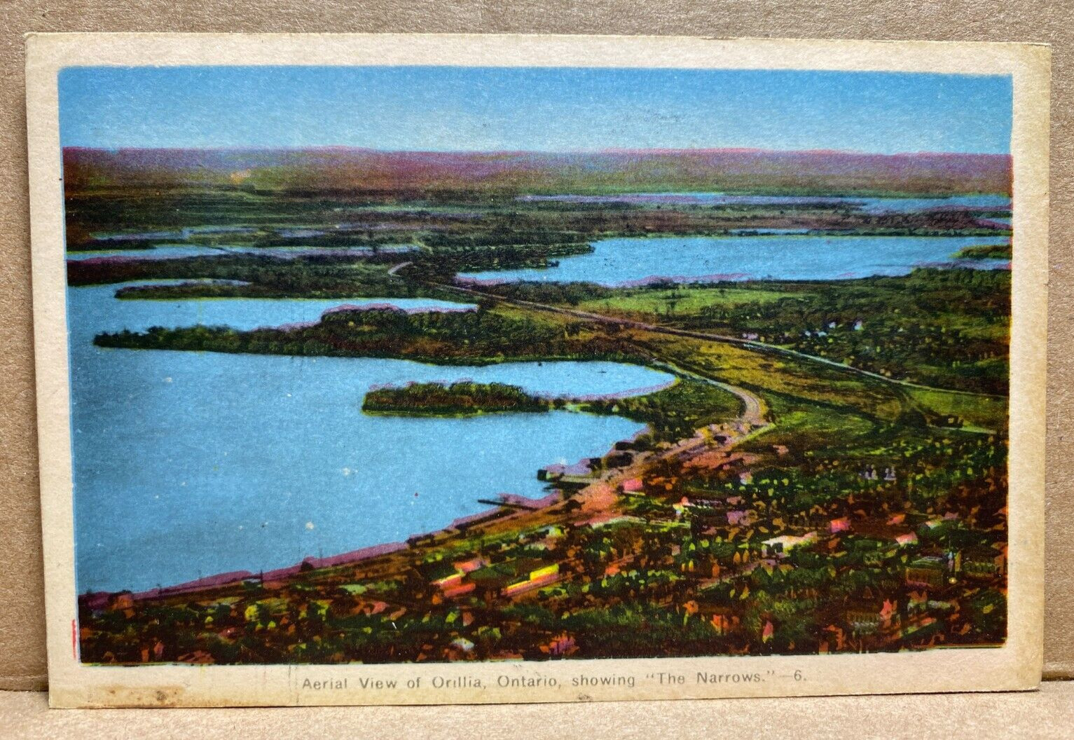 Aerial View Of Orillia Ontario Showin The Narrow c1944 Postcard