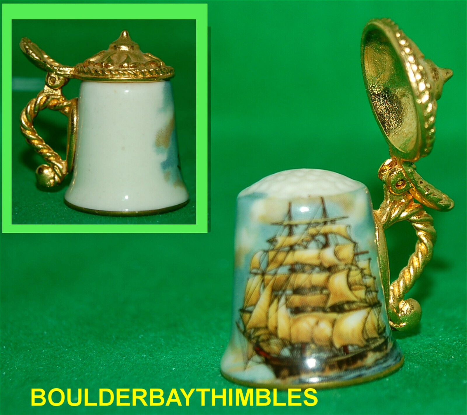 HEIRLOOM EDITIONS THIMBLE - STEIN with LIFTING LID  SAILING SHIP Rich Colors