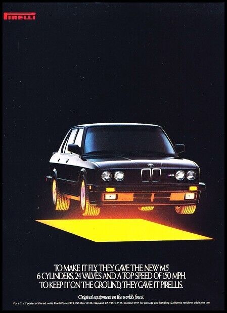 1987 1988 BMW M5 Pirelli Tire Vintage Advertisement Print Car Art Ad J43