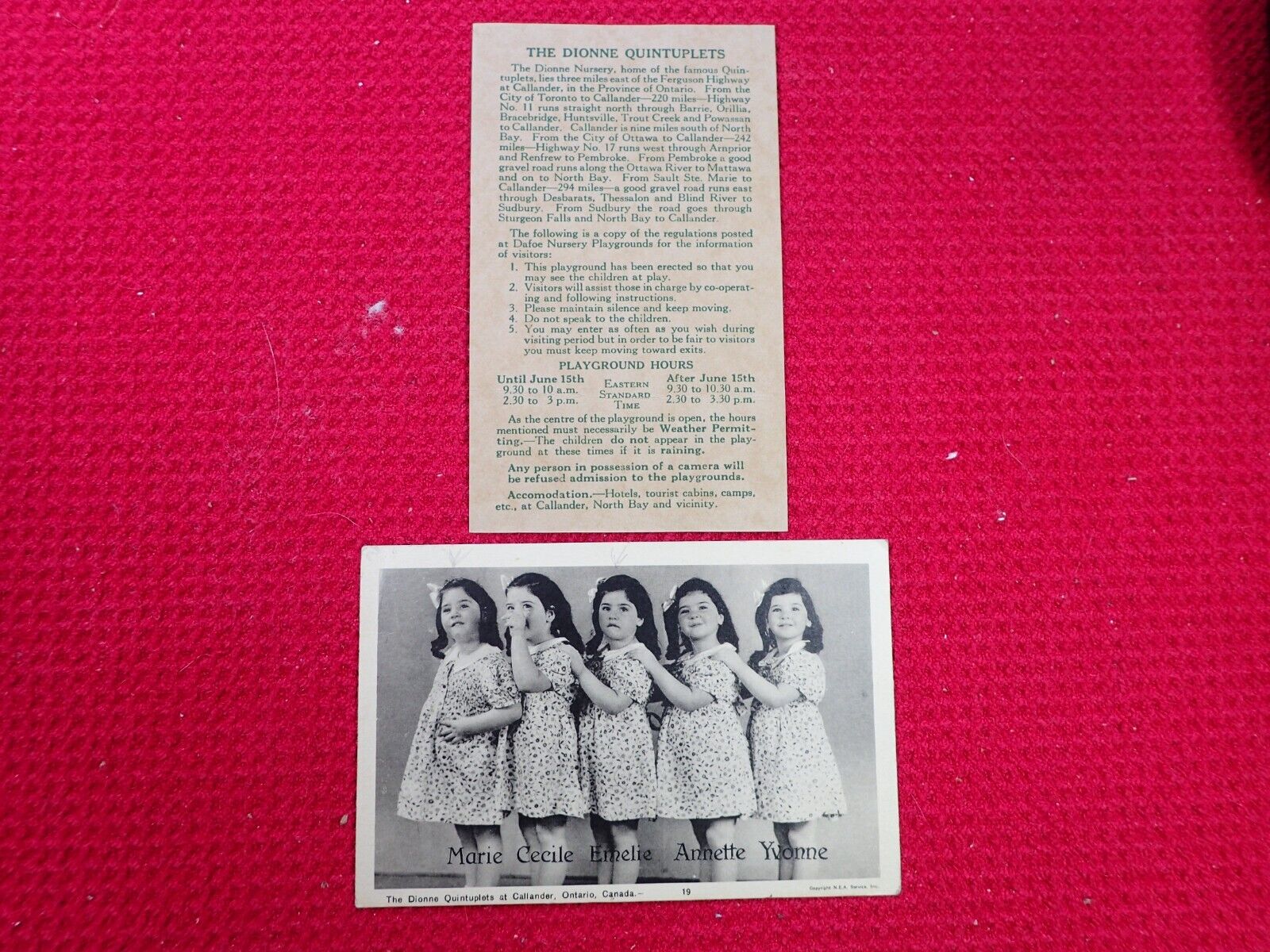 Dionne Quintuplets Advertising Promotion Card with Visit Instructions & Postcard