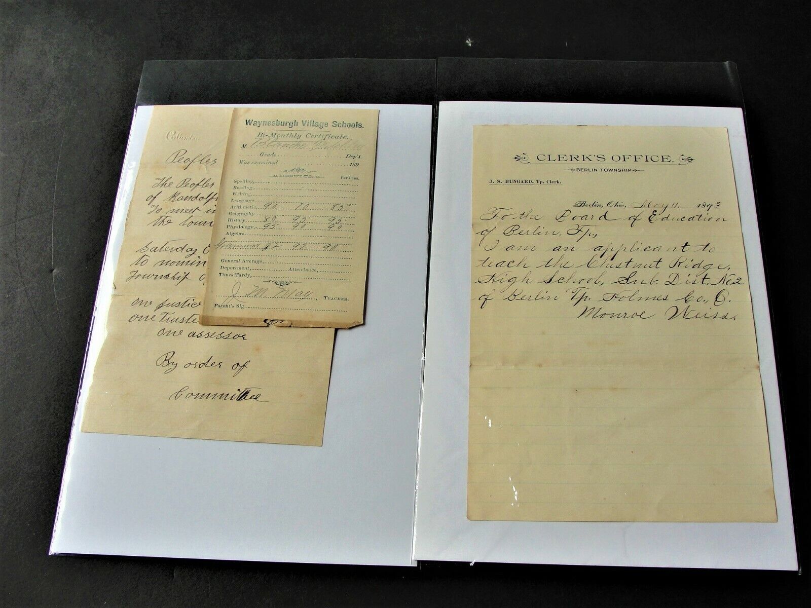 1800s Historical Document Set of (2) Clerk’s Office, OH-Waynesburg Schools, PA.