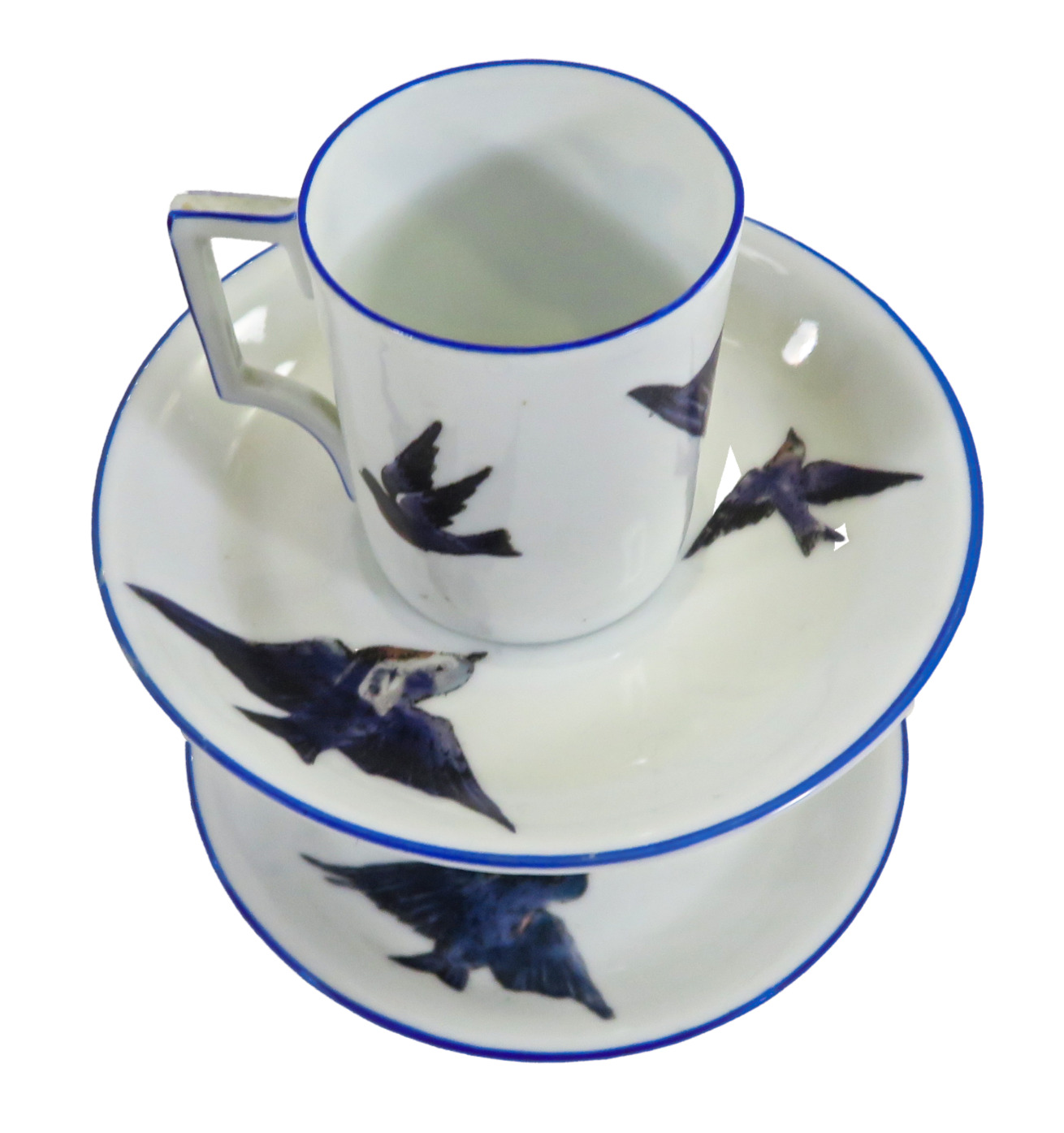 TWO (2) Antique 1918 Victoria Austria Blue Bird Demitasse Cup & Saucer Sets
