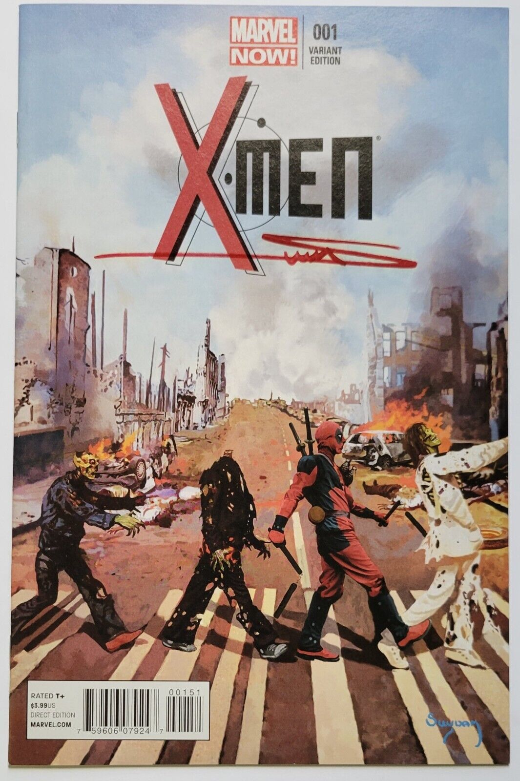 X-MEN #1 DEADPOOL ZOMBIE BEATLES ABBEY RD VARIANT SIGNED by ARTHUR SUDAM +COA NM