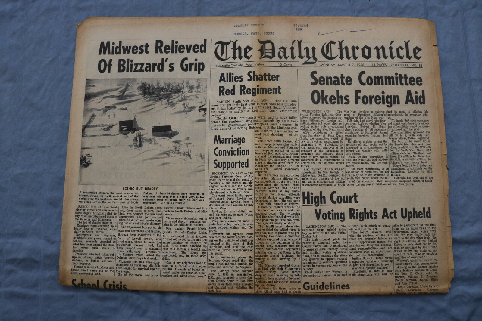 1966 MAR 7 THE DAILY CHRONICLE NEWSPAPER - MIDWEST RELIEVED OF BLIZZARD- NP 8503