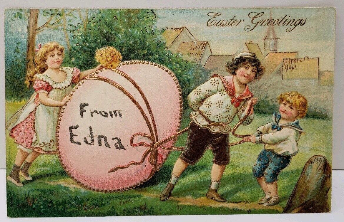 Easter Greetings Children Rolling Large Egg Embossed Gilded Postcard E2