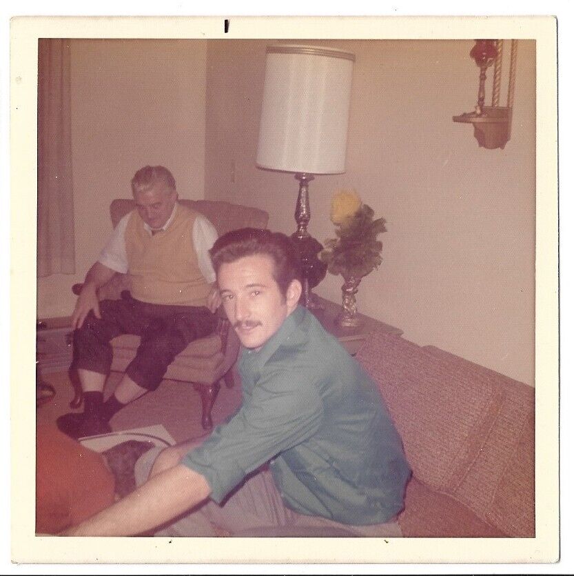 VTG PHOTO Handsome Mustache Man w/ Coiffed Hair Sofa 1960s Gay Guy Int.