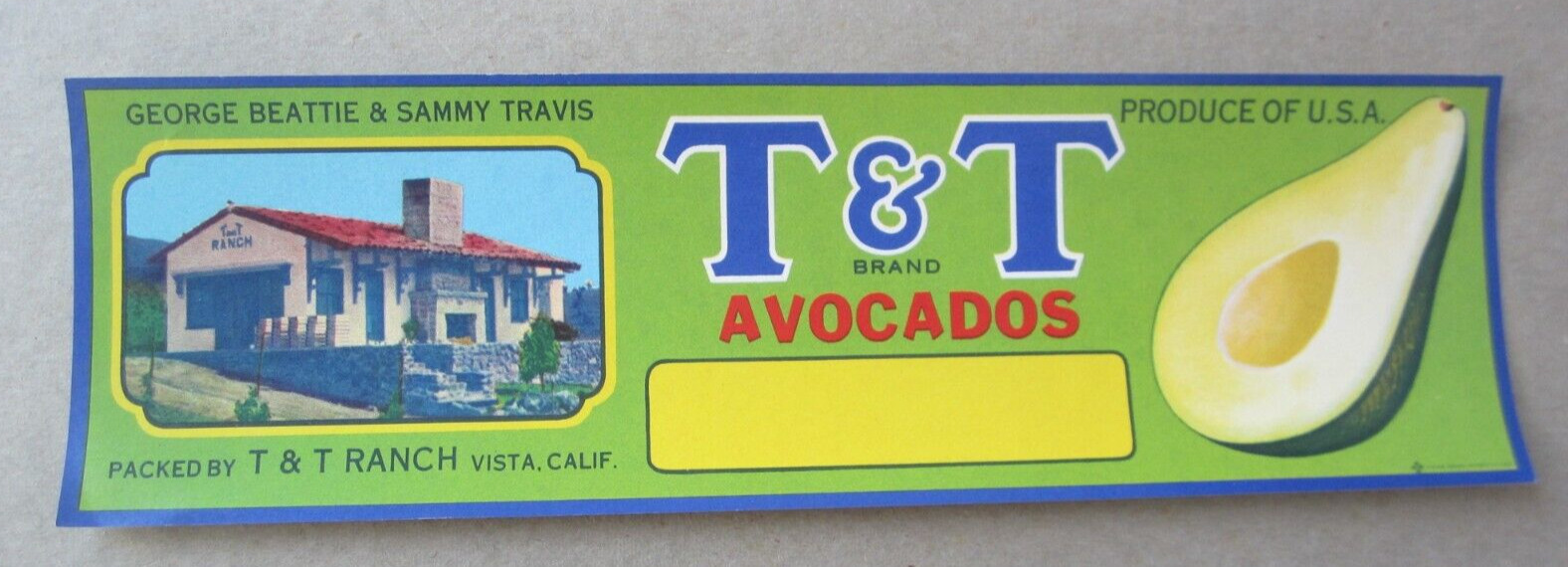 Old Vintage 1950's - T&T Avocados LABEL - T&T Ranch - Vista CA.
