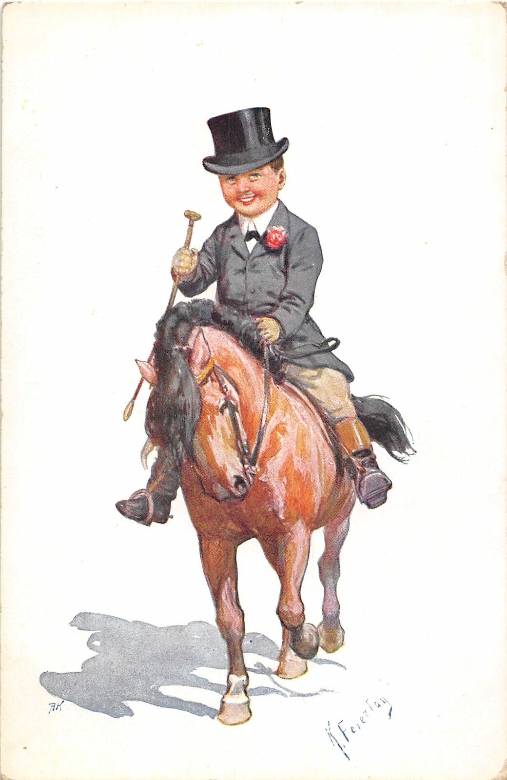 H32/ K. Feiertag Artist Signed Postcard c1910 Boy Top Hat On Horse 15