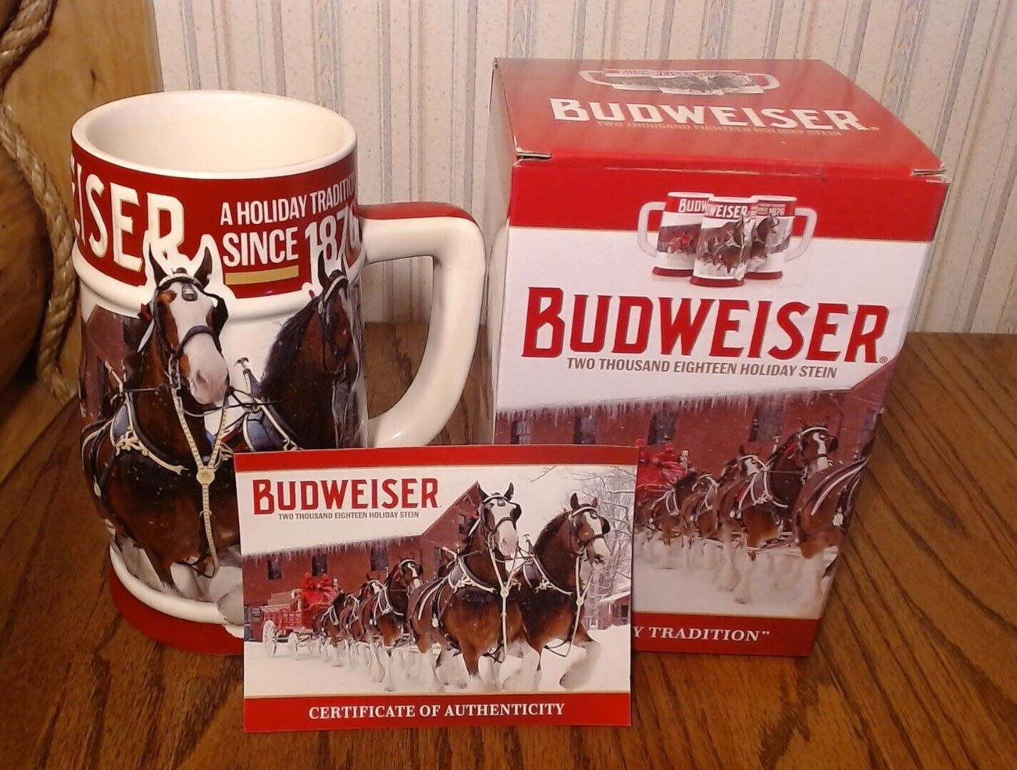 2018 Budweiser Anheuser Busch Beer Holiday Christmas Stein, NIB w/ COA BEAUTIFUL