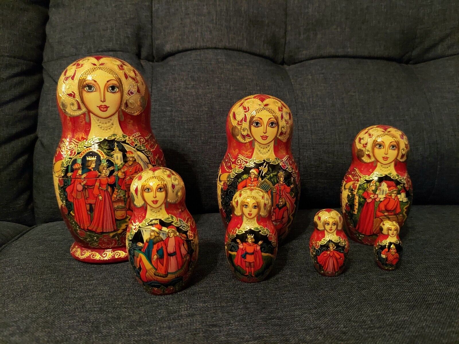 Fairytale Russian Matryoshka Nesting Doll Hand Painted 8” Signed - 7 Pieces