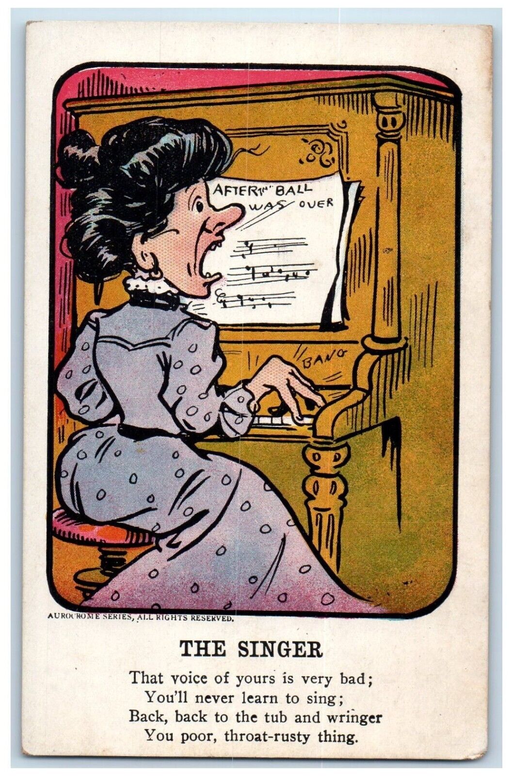 c1910\'s Woman Playing Piano The Singer Very Bad Voice Unposted Antique Postcard