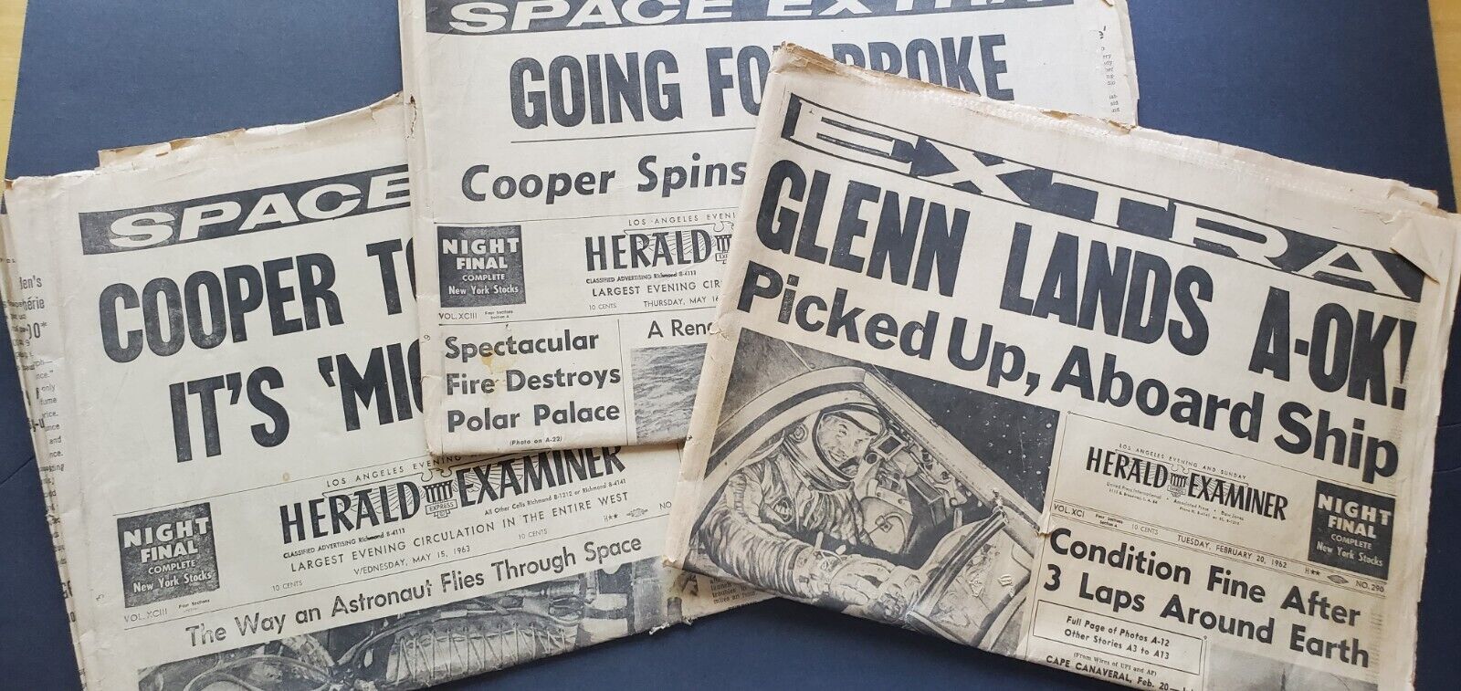LA Herald Examiner  Extra John Glenn Feb. 20 1962 + 2 Space Extras 1963
