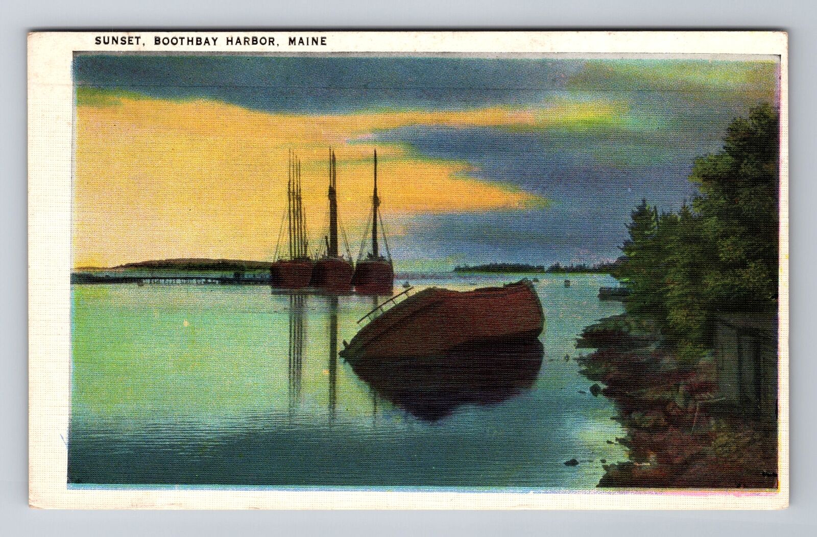 Boothbay Harbor ME-Maine, Sunset on the Harbor, Vintage Souvenir Postcard