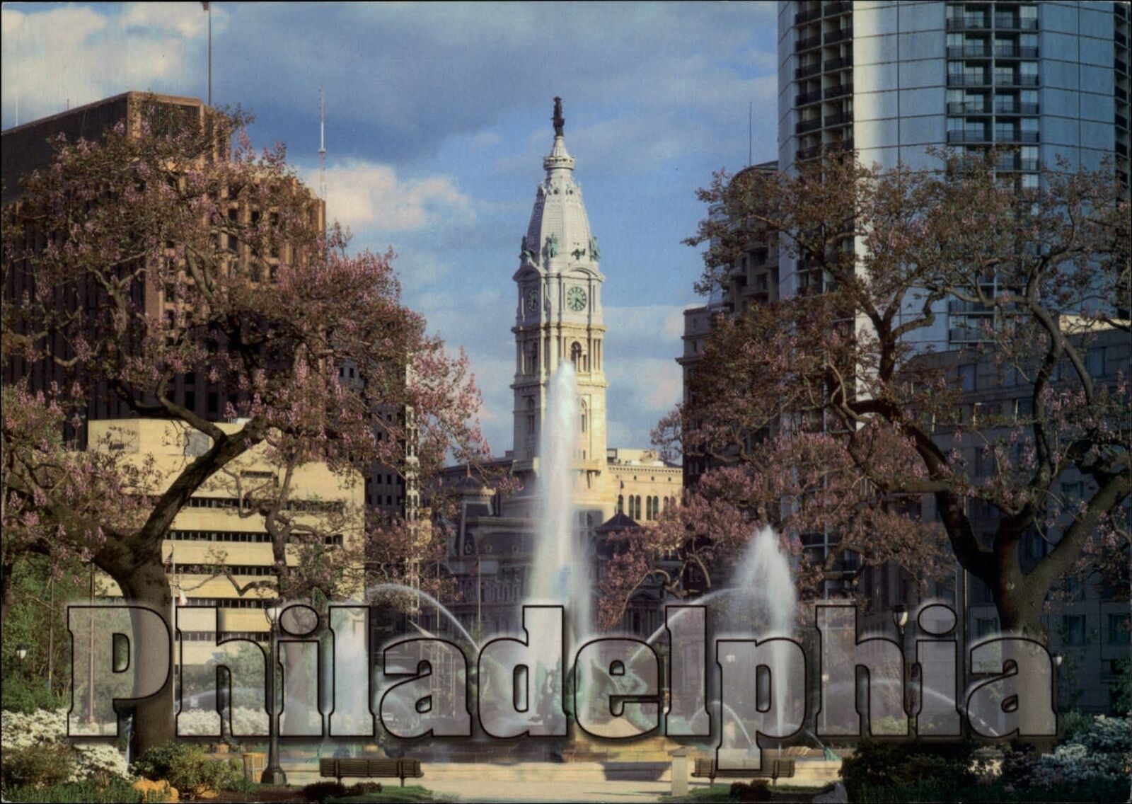 Philadelphia Pennsylvania downtown skyline fountain clock tower vintage postcard