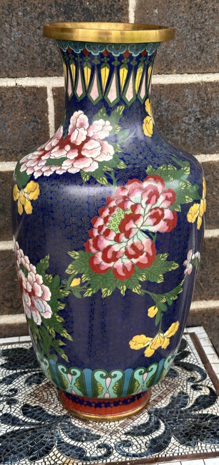 Antique vintage large cherry tree flowers Cloisonne Enamel Vase with hole
