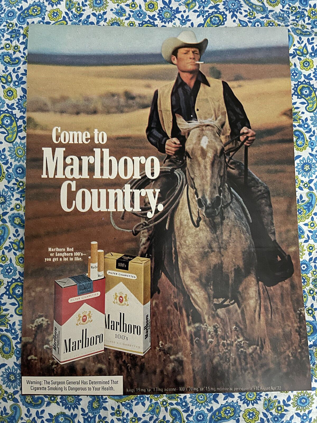 🔥🔥Vintage 1972 Marlboro Cigarettes Print Ad Marlboro Man Cowboy Horse 🔥🔥