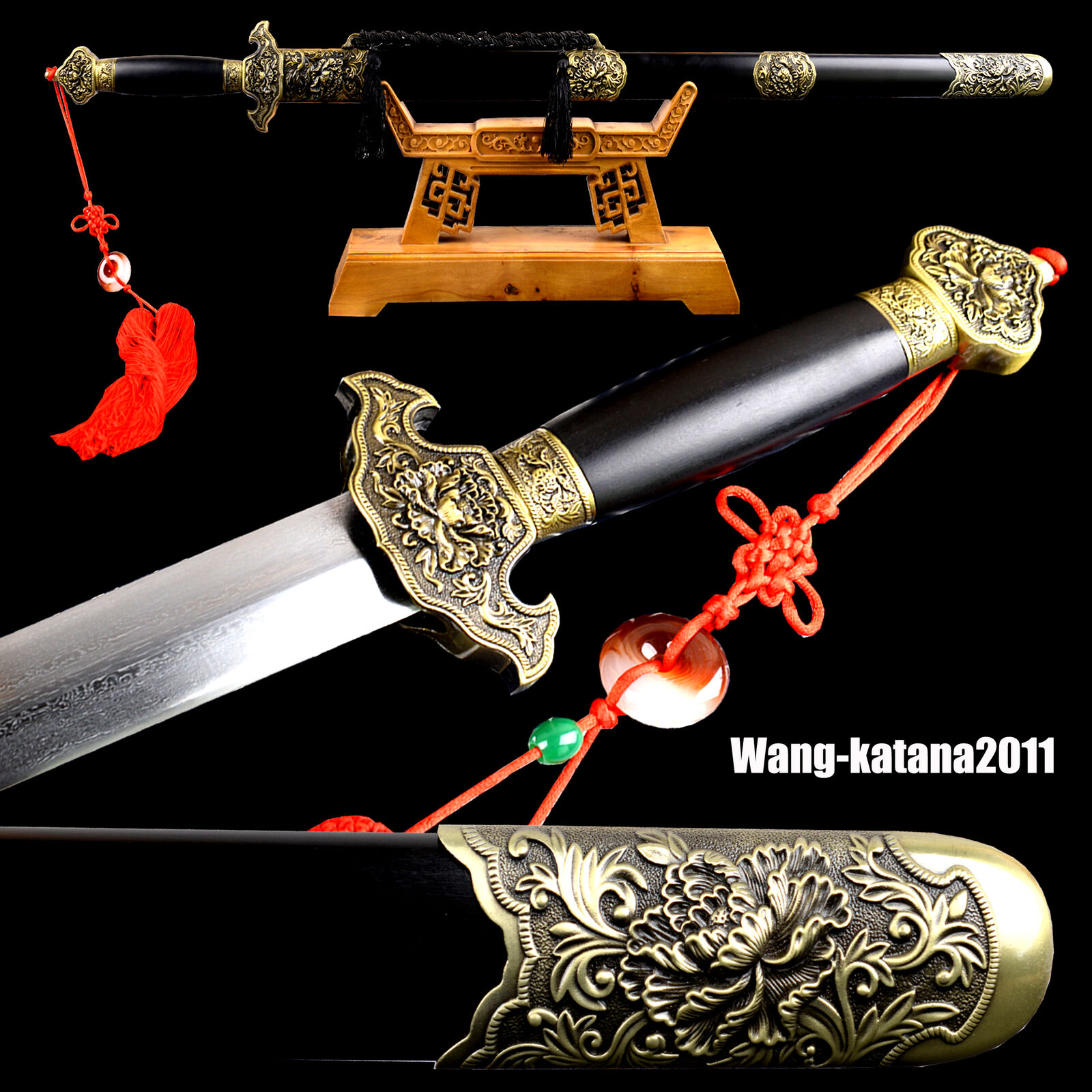 Peony Fittings Chinese Gentleman Sword Jian With Red Tassel Folded Steel Sharp