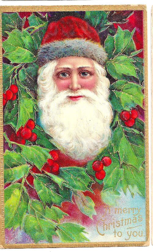 Christmas Red Suit Santa Color Embossed Gold Gel Postcard--No Postmark